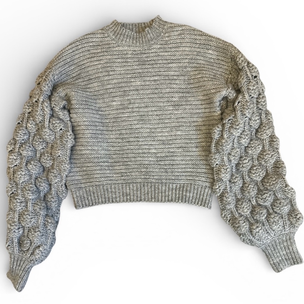 Gray Popcorn Chunky Balloon Sleeve Sweater S Boho Statement Harper Heritage Vtg - Picture 3 of 7
